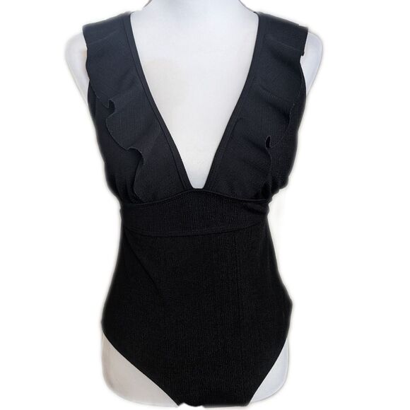 SHEIN deep v-neck ruffled one-piece swimsuit, lace up back, size L - Picture 1 of 6